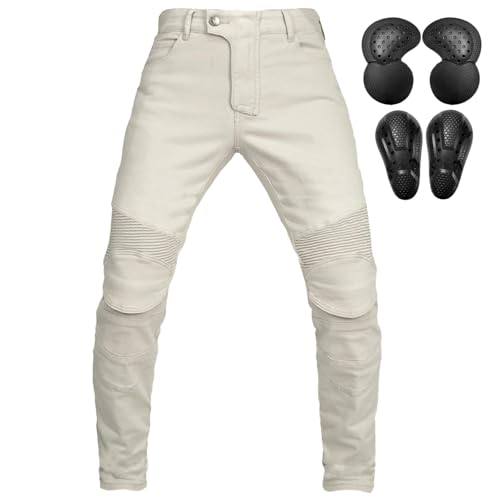 QIYUANT Pantalones de Moto Hombre Jeans Elásticos Resistencia Desgarro Resistente al Agua Vintage Casual Mujer Pantalón de Motorista con Protecciones Removibles Mejoradas (Blanco, 3XL)