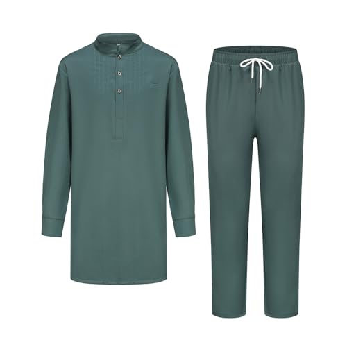 Ropa de oración Para Hombres Casual Algodón Etno Thobe Ropa Hombres Blanco Árabe Bata Lino Caftán Manga Larga Oriente Medio Arabe Saudita Albornoces Dubai Arab Ropa, O Verde, S