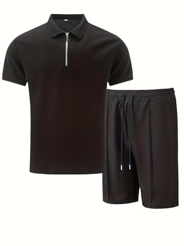 Men's Summer Solid Color Casual Suit Lapel Zipper T-Shirt Short Sleeve Elastic Shorts M-3xl2