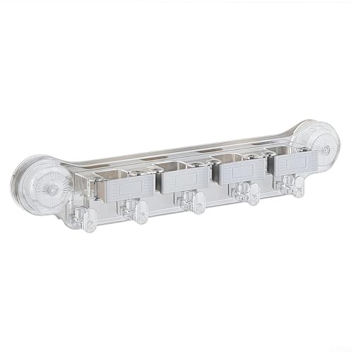 Yhenlovtt Soporte de pared con ventosa con 4 clips y 5 ganchos para organizar fregonas, escobas y herramientas en cocina, gara y armario (transparente)