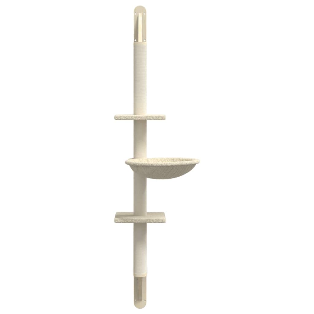 Arbre à chat mural Crème 142,5 cm Arbre à grimper avec colonne griffoir en sisal et maison pour chat en peluche pour jouer, dormir, entretenir les griffes et cacher dans un lieu de repos