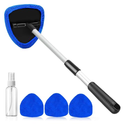 HUIBOHOU Windshield Cleaner Car Windscreen Cleaning Tool Inside with 4 Reusable and Washable Microfiber Pads and Extendable Handle Auto Glass Wiper Kit (Blue)