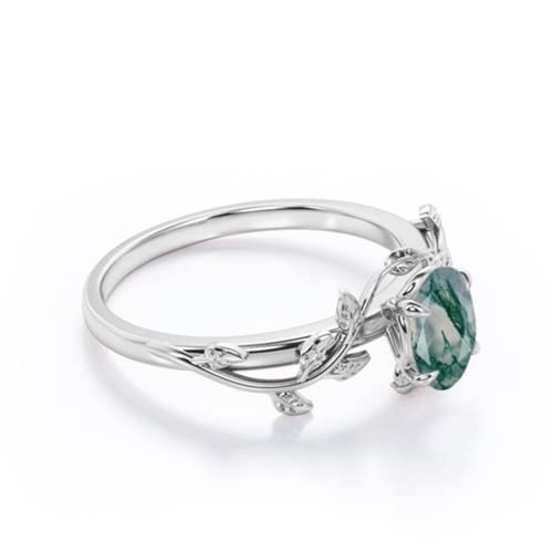 Aihpos Natural Moss Agate Ring Genuine 925 Sterling Silver Oval Cut Green Agate Engagement Ring For Women Branch Statement Ring Promise Wedding Ring2