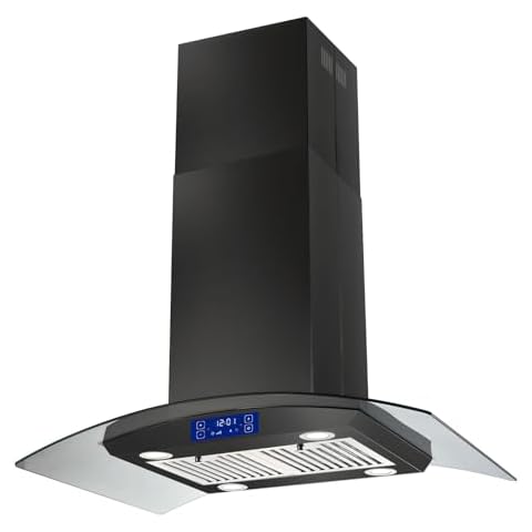 JOEAONZ 36 inch Island Range Hood 700CFM Black Painted Stainless Steel, Gesture & Touch Control Panel Ceiling Mount Kitchen Vent Hood Ducted/Ductless Convertible Extractor, Exhaust Fan 4 LED Lights Cover