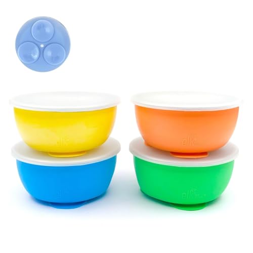 Elk and Friends Stainless Steel Bowls with Silicone Sleeve for Babies & Toddlers | Lids Included | Stay Put Suction | Cereal & Snack Bowls | 4 Pack