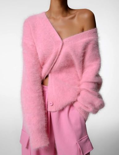 Image of COZYPOIN Womens Fuzzy Cardigan Sweater V Neck Button Down Soft Knit Coat | Loose, Comfy, Slouchy Drop Shoulder, Long Sleeve Fluffy Mohair, Warm, For Daily Work Holiday, Spring Fall Winter Fashion