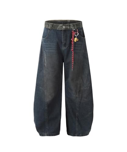 Unisex Vintage Washed Barrel-Leg Jeans Wide Leg Denim Pants Retro Loose Streetwear Trousers