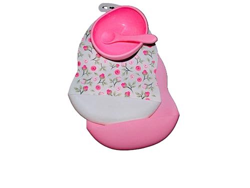 Floral Print Baby Bib with Adjustable Closure, Pink and Marble with Pink Roses Pattern Bibs, Bowl and spoon included. 4 piece3