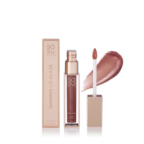 SOSU Cosmetics Shimmer Lip Glaze Rose Gold - Long-Lasting Lip Shine with Shimmer, Moisturising Formula with Vitamin E and Hyaluronic Acid, Rose Gold for Radiant Lips