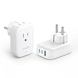 Anker Travel Adapter, European Travel Plug Adapter, US to Europe Internationl Travel Essentials, 2 AC, 1 USB A, 2 USB C for 15W, Compact Type E/F for iPhone, iPad and More, TUV Listed (2-Pack)