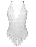 Donnalla Women's One Piece Teddy Plunging Lace Bodysuit Elegant Honeymoon Lingerie(White_L)