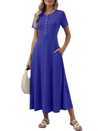 OUKODS Women's Spring Casual Maxi Dress Short Sleeve Fit and Flare A Line Flowy T Shirt Long Vacation Dresses with Pockets Royal Blue