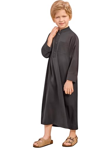 Image of OBEEII Boy's Muslim Arab Solid Color Thobe Long Sleeve Kaftan Embroidered Robe Islamic Arabic Abaya Thobe