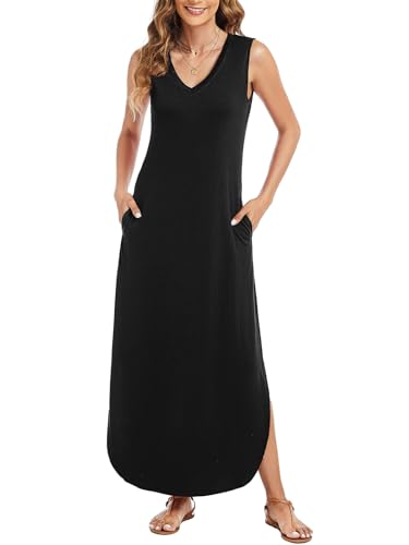 Image of Arolina Maxi Dress for Women Tropical Summer V Neck Sleeveless Split Long Beach Dresses Casual Loose Sundress with Pockets