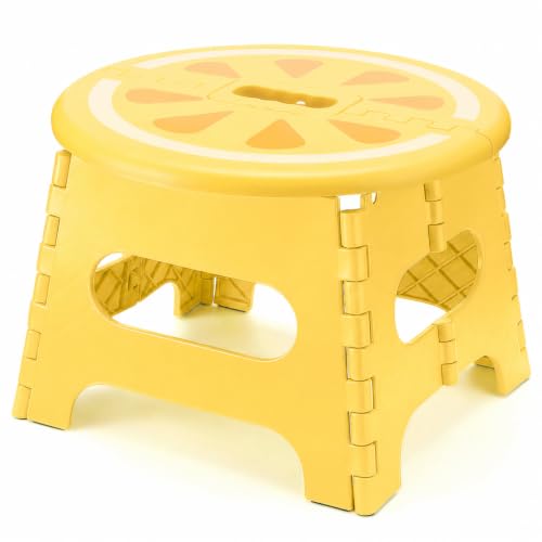 Image of Folding Step Stool 9 Inch, Sturdy Collapsible Step Stool Foldable Up to 265 lb for Kids Toddlers & Adults, Non Slip Foot Stools with Handle for Kitchen, Bathroom, Bedroom, Outdoor, Lemon Yellow