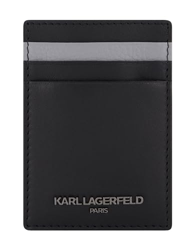 Karl Lagerfeld Paris Men's Nappa Grey Bubble Leather Iconic Logo on a Gunmetal Plate Card Holder, Black_logo4, One Size