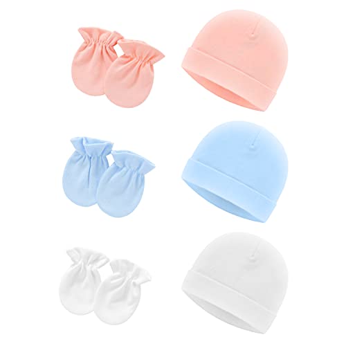 6 gorras y guantes para recién nacidos, bonitos gorros y calcetines de algodón para niños y niñas de 0 a 6 meses (rosa, azul claro, blanco), azul