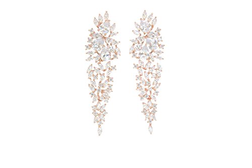 Wedding Clear Cubic Zircon Crystal Rhodium Waterfall Pierced Dangle Bridesmaid Bridal Earrings (rose gold plated)