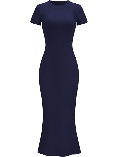 Image of Womens Summer Short Sleeve Square Neck Elegant Casual Lounge Bodycon Slim Maxi Evening Party Long Dress
