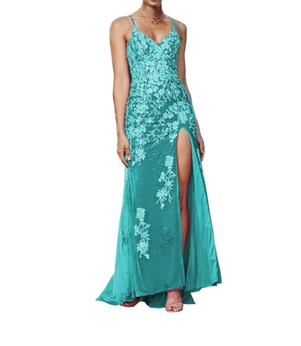 Image of Long Spaghetti Straps Tulle Mermiad Prom Dress V Neck Lace Appliques Formal Dress with Slit SF203
