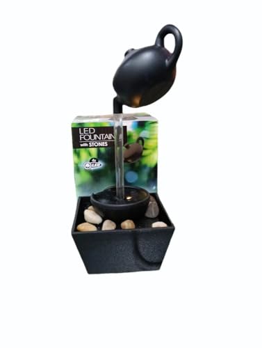 Image of Indoor Tabletop Water Fountain with LED Light & Natural Pebbles - Flowing Pot Design, Decorative Mini Waterfall for Home, Office & Meditation