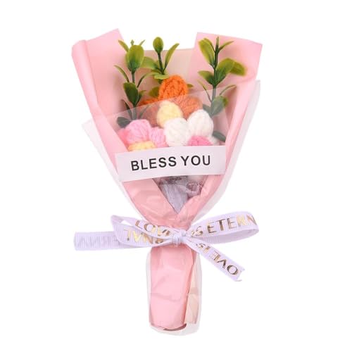 MXXGMYJ Mini Crochet Flowers Bouquet Kit for Women for Mom Aunt Sister Handmade Knitted Eternal Puff Flower Bouquet Pink Artificial Flowers Home Decor for Birthday Anniversary Valentines