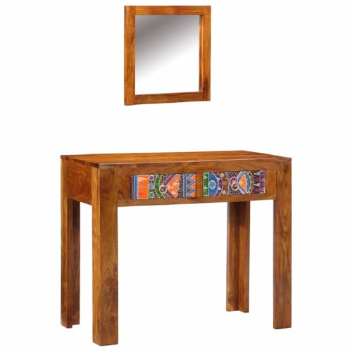Cartvyn Tocador marrón madera maciza de acacia 90 x 45 x 75 cm con espejo y 2 cajones tocador moderno para dormitorio y área de cosméticos