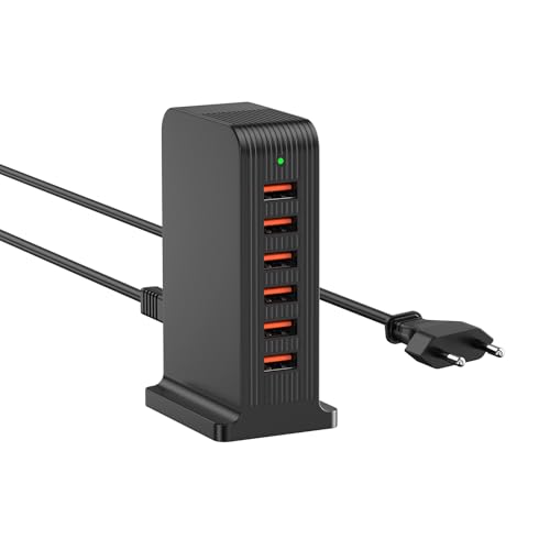 Cargador USB 6 Puertos 50W Cargador USB Múltiple, Cargador USB de Mesa para iPhone XR/XS MAX/X/8 Plus /8, Samsung Galaxy S9/Note 9/S8 N/S7/S6 / Huawei P30 / P20 / HTC/LG