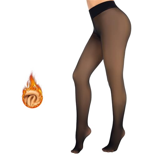 MANZI Women's Fleece Lined Faux Sheer Black Warm Tights Fake Translucent Winter High Waisted Thick Thermal Stockings