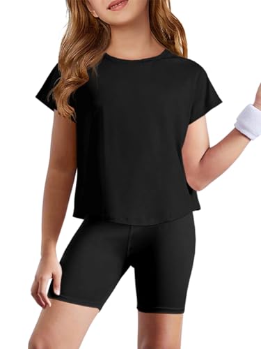 Haloumoning Girls Loose Athletic Shirts Short Sleeve Crop Tops Kids Quick Dry Gym Yoga Tees 5-14 Years Black