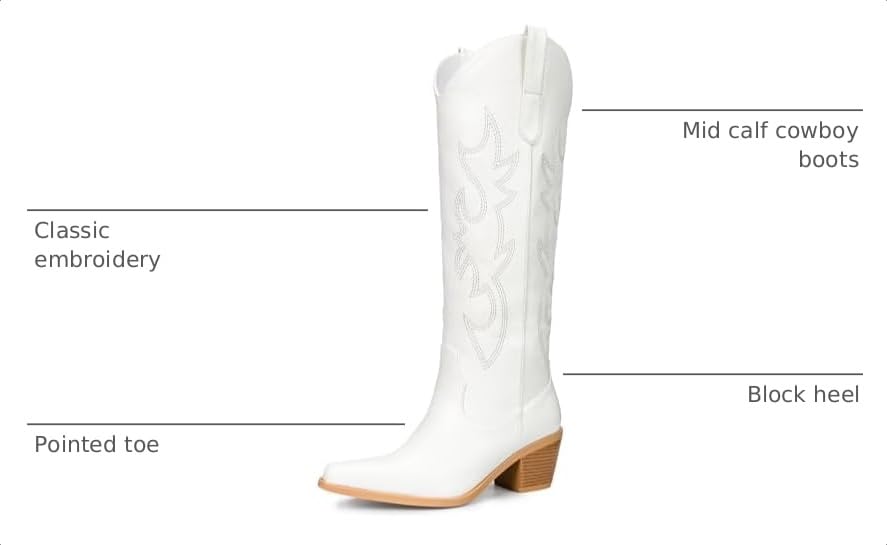 Image of Pasuot Western Cowboy Boots for Women - Knee High Wide Calf Cowgirl Boots, Slip On Pointed Toe Chunky Heel Fashion Retro Classic Pull On Tall Boot for ladies Party concert
