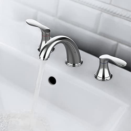 Bathroom Sink Faucet, Faucet for Bathroom Sink, Widespread Chrome Bathroom Faucet 3 Hole with Stainless Steel Pop Up Drain and cUPC Lead-Free Hose - (Chrome)