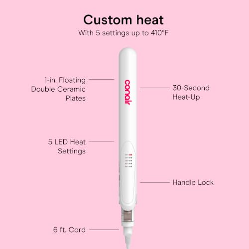 Conair Double Ceramic Flat Iron, 1-Inch Flat Iron Hair Straightener, Five Heat Settings, Extra Long Floating Plates, White