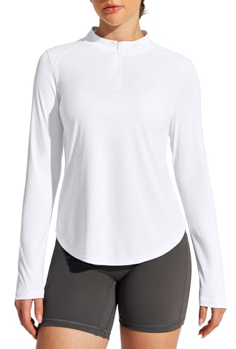 IUGA Womens Golf Shirt White Long Sleeve Shirts for Women Quarter Zip Workout Running Shirt Golf Clothes for Women (White M)