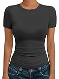 Cuptacc Tshirt Damen Elegante Round Neck Lässige T-Shirt Sommer Enganliegend Luftig Oberteil Basic Leicht Kurzarm Solid Color Top Schwarz M