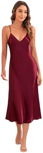 Litherday Women Long Sexy Lingerie Satin Slip Nightgown Midi Silk Spaghetti Strap Pajama Dress V Neck Silky Maxi Slip Dark Red L