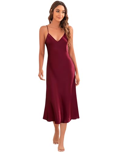 Image of Litherday Silk Nightgown for Women Long Satin Slip Dress Nightdress Silky Chemise Nightie Soft V Neck Nightwear