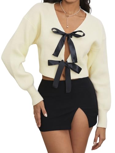 Image of Verdusa Women's Bow Tie V Neck Cardigan Sweaters Long Lantern Sleeve Knit Outwear