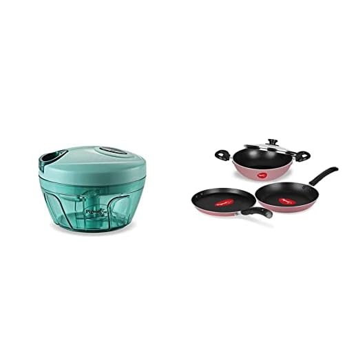 Pigeon by Stovekraft New Handy Mini Plastic Chopper with 3 Blades, Green & Basics Aluminium Nonstick Cookware Set, Set of 3 (with one lid), Pink Combo