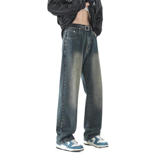 Men's Black Jeans Drawstring Waist Loose Fit Straight Leg Denim Pants