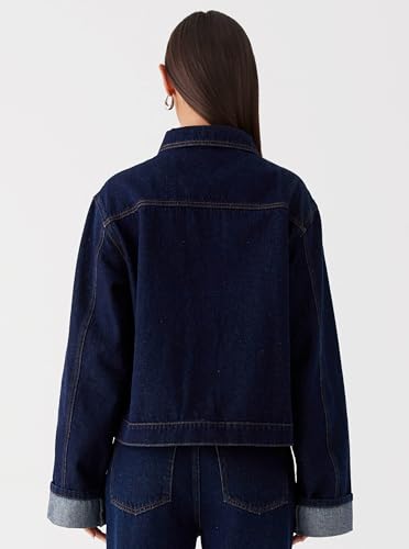 Women's Classic Collared Folded Cuffs Dark Indigo Denim Jacket3