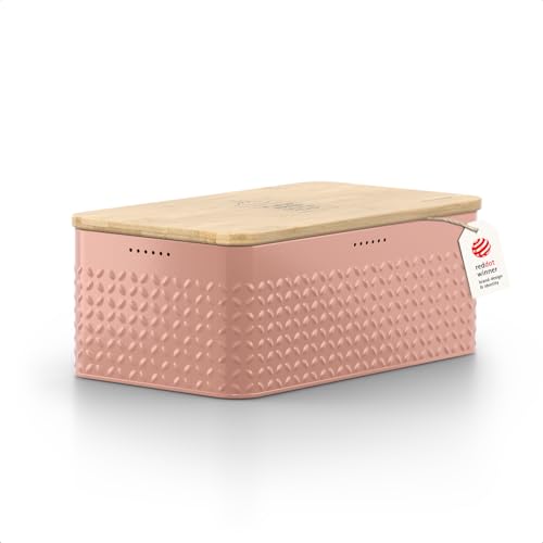 Image of LARS NYSOM Bread Box I Metal Box with linen bag for long lasting freshness I Bread Bin with bamboo lid usable as cutting board I 13.4x7.3x5.3In (Blush Rose)