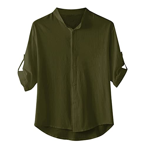 Men's Cotton Linen Long Sleeve Shirts Casual Button Down Banded Collar Shirt Loose Fit Beach Summer Fall Tops Tshirts