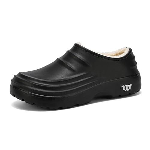 FLIOZY Gefütterte Winter Clogs Damen & Herren – wasserdichte Garten- und Küchenschuhe, rutschfeste Eva Hausschuhe mit Warmem Fleecefutter, Bequeme Arbeits- und Outdoor Pantoletten Black 44