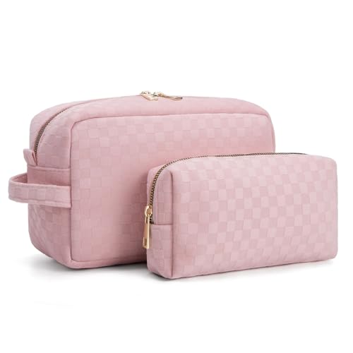 2 Pieces Large Checkered Makeup Bag Cosmetic Bag for Women Travel Toiletry Make Up Brush Bag Pack Organizer Gifts for Teen Girls (Light Pink)