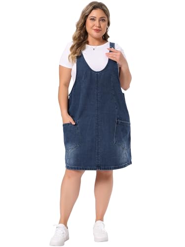 Image of Agnes Orinda Plus Size Denim Overall Dress for Women Sleeveless V Neck Denim Jumper Dress with Pocket