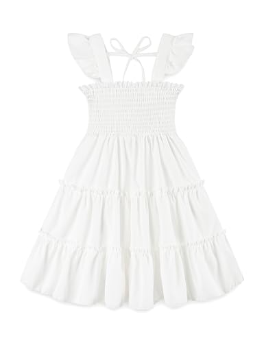 KIDDLETOWN Robe Bebe Fille Midi, Fête Enfants Robes Cérémonie, Élégant A-Ligne Blanche Robes à Volants sans Manches, Vêtements d'été Solid Chic 2-3 Ans