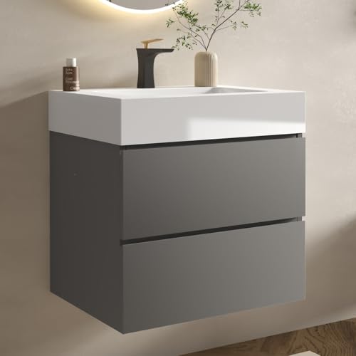 BLUHOUZZ 24" Bathroom Vanity with Sink, Modern Floating Bathroom Cabinet with Top, Pre-Assembled, 2 Soft-Close Drawers, Spacious Storage for Small Space, Gray & White - Alice Collection