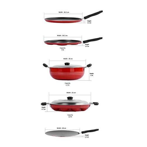 Image of Sumeet Non-Stick Aluminum Cookware Set (Dosa Tawa - 26.5 cm; Multi Snack Maker - 26.5 cm; D Kadhai with Lid 1.5 L; Grill Appam Patra with Lid - 23 cm; Concave Tawa -28 cm, 2.6 mm Thick, Ruby Red)