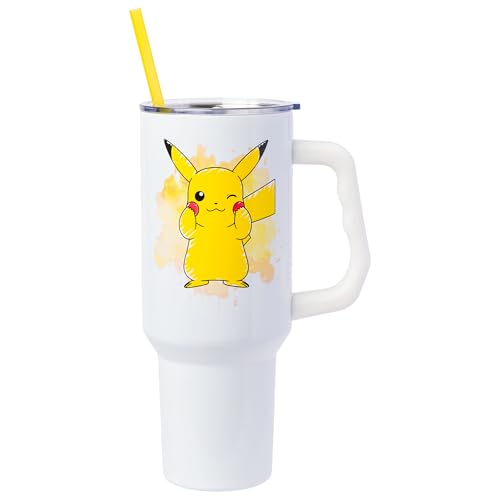 Image of Silver Buffalo Pokemon Double Walled Stainless Steel Tumbler with Handle Featuring Pikachu, Fits in Standard Cup Holder, 40 Ounces